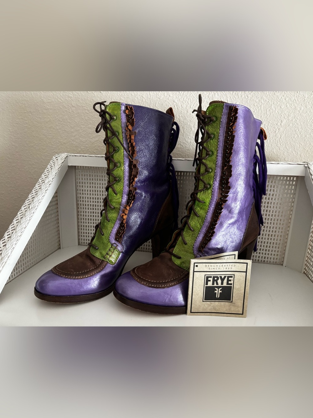 Custom FRYE Purple, Green & Brown Lace-Up Fringe Leather Boots - Picture 2 of 13